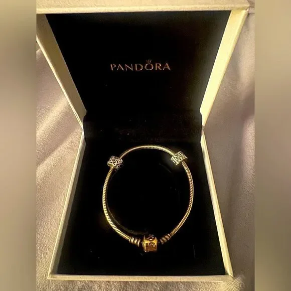 Authentic Pandora *14k* Gold and Silver Charm Bracelet -includes 2 Swirl Spacers